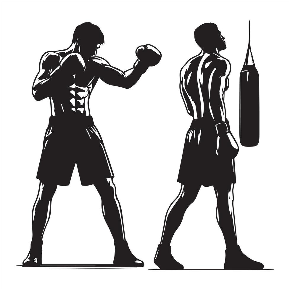 Two silhouettes of a boxer and a punching bag vector