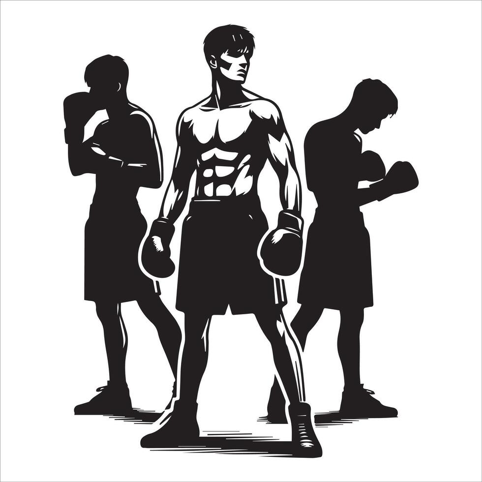 Silhouette of three men in boxing gear vector