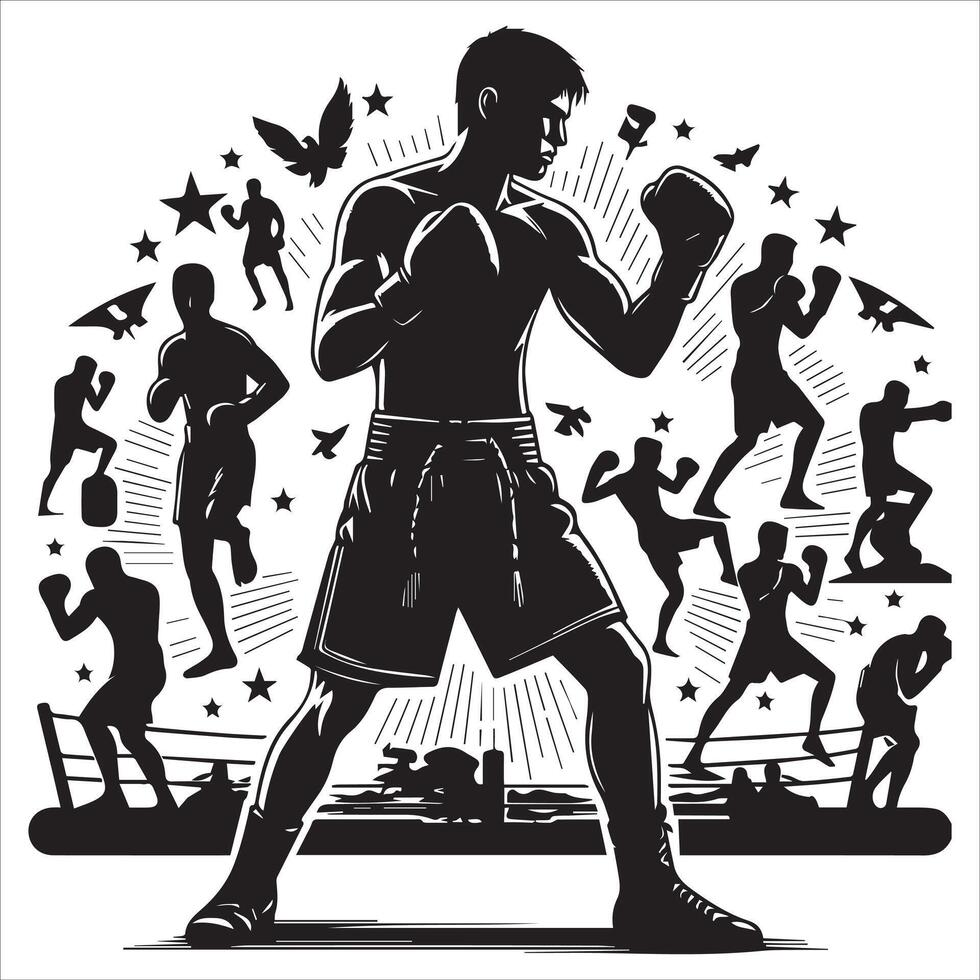 A silhouette of a boxer with various silhouettes vector