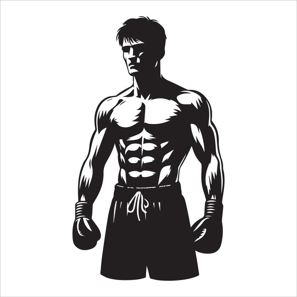 A black and white illustration of a man in boxing gear vector