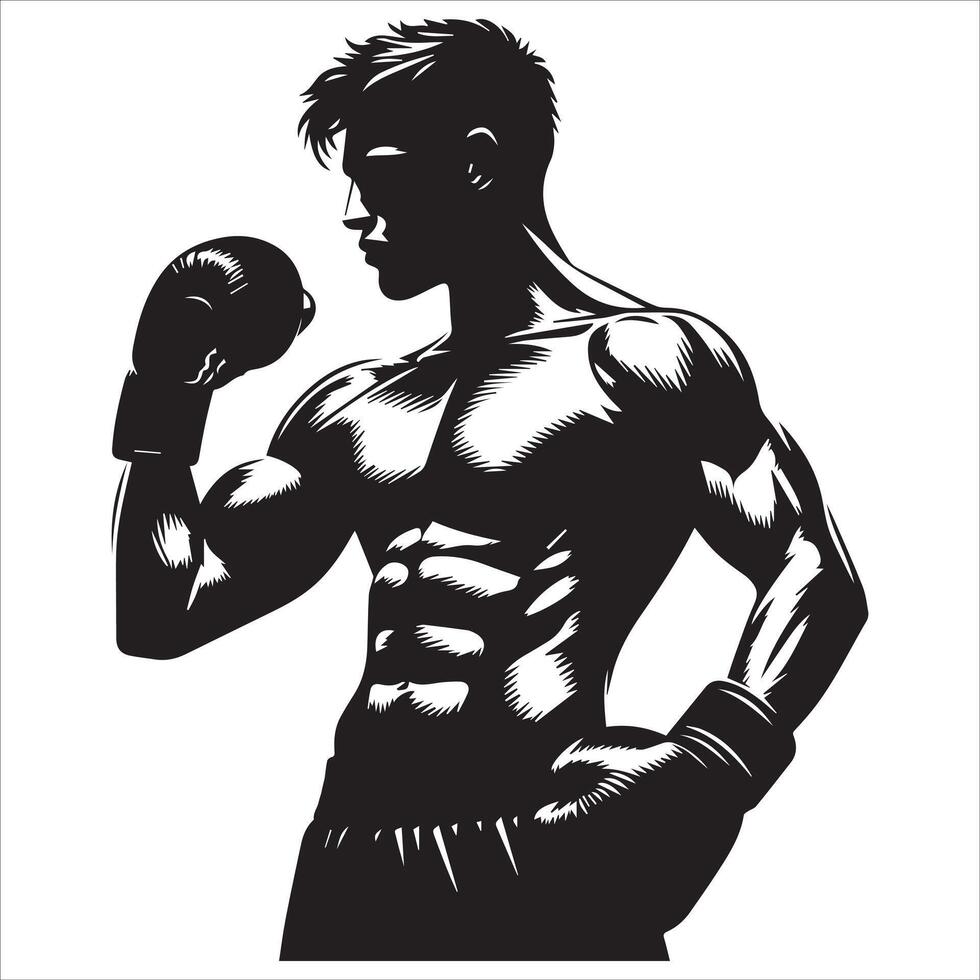 A black and white illustration of a man with boxing gloves vector