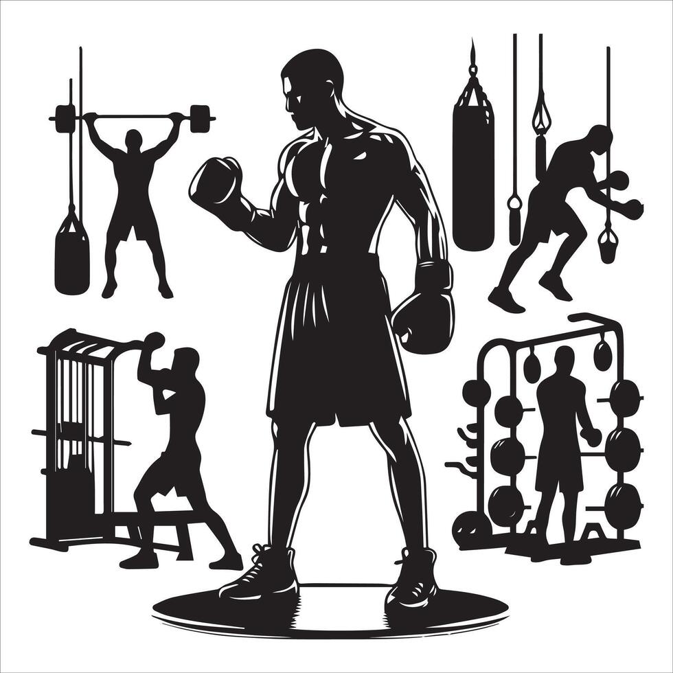 Silhouettes of a man in the gym, including boxing gloves, weights, and a punching vector