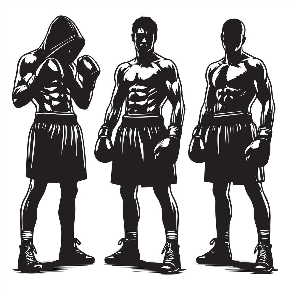 Three silhouettes of men in boxing gear vector