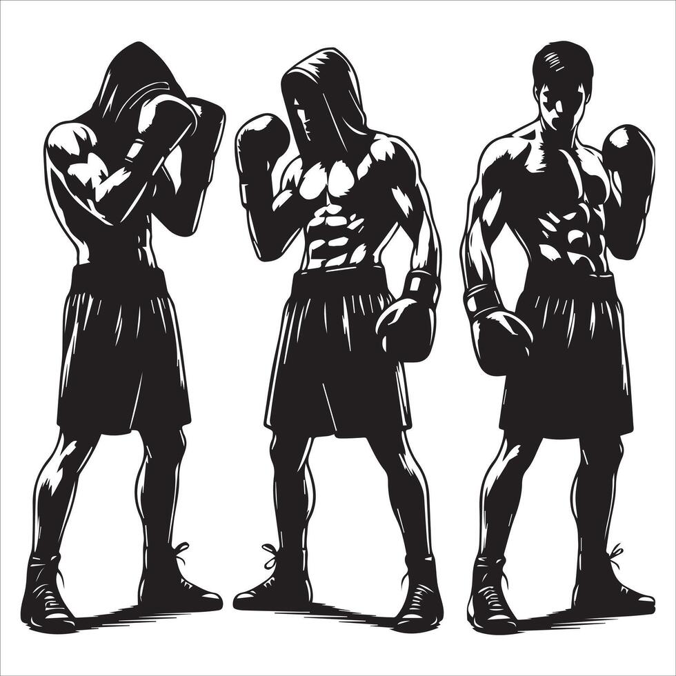Three silhouettes of men in boxing gear vector