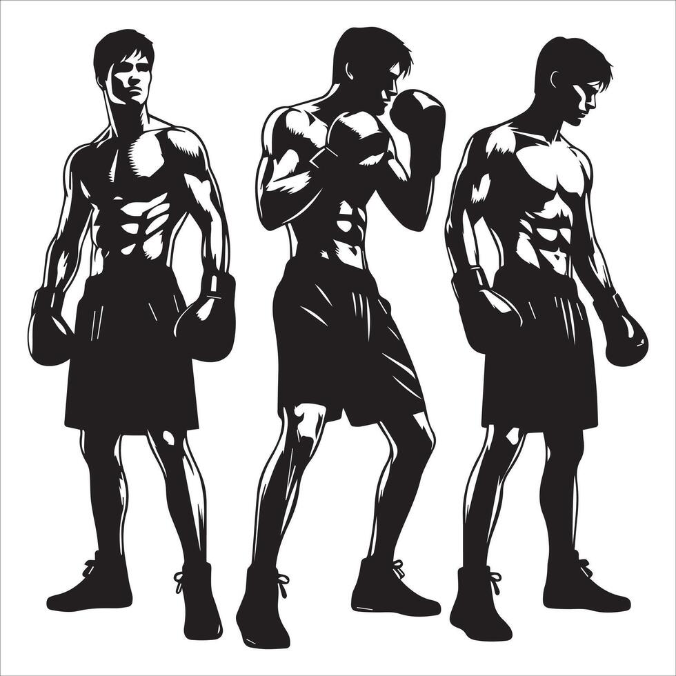 Three silhouettes of men in boxing gear vector