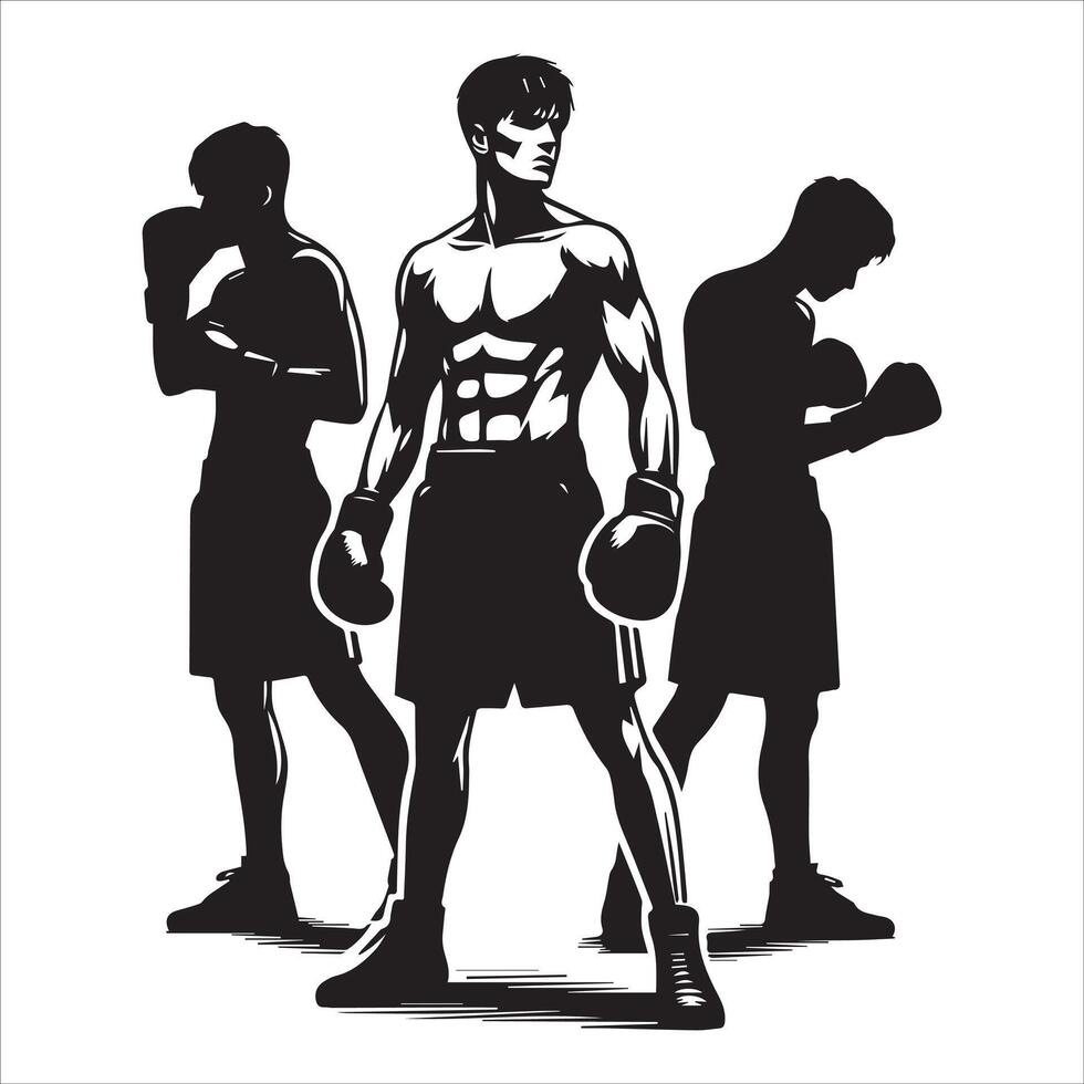Silhouette of three men in boxing gear vector