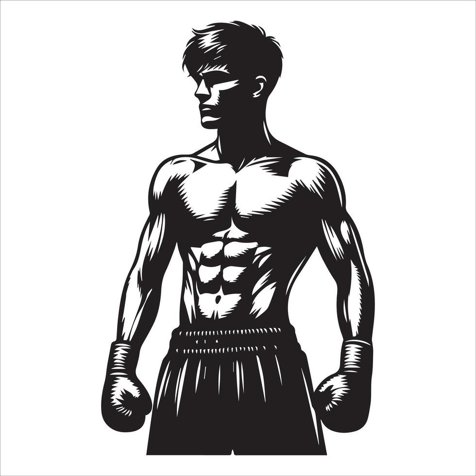 A black and white illustration of a man in boxing gear vector
