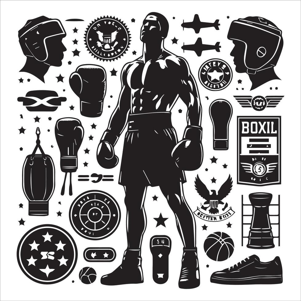 Boxing set with various icons and symbols vector