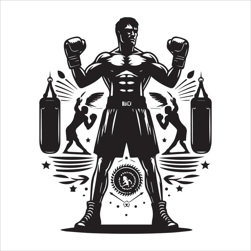 A black and white boxing logo with a man in the ring vector
