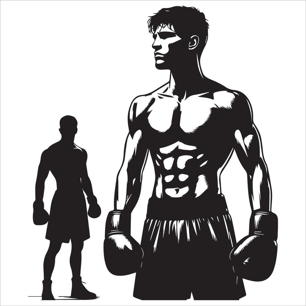 Silhouette of a boxer with a man standing next to him vector