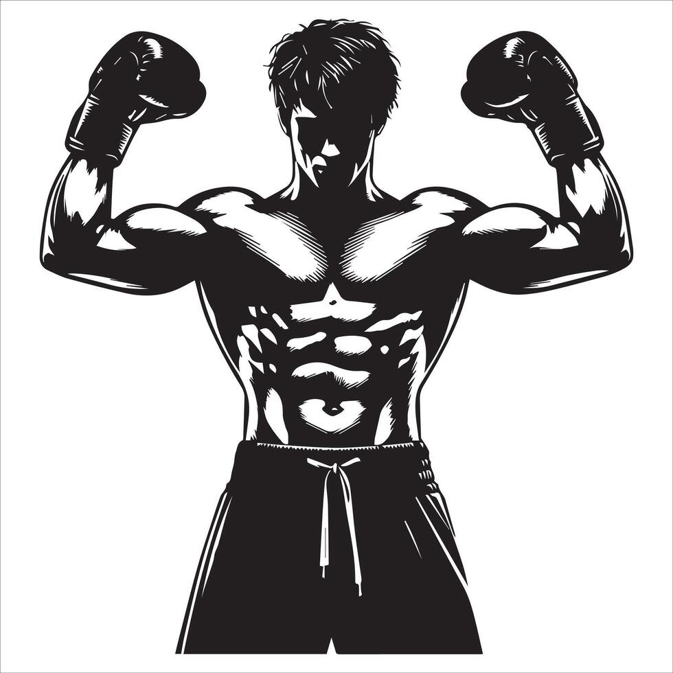 A black and white illustration of a man with boxing gloves vector