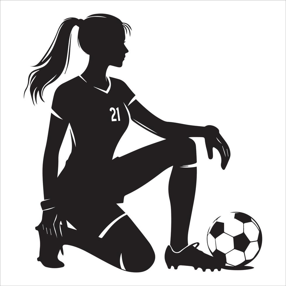 Silhouette of a woman soccer player kneeling down with a soccer ball vector