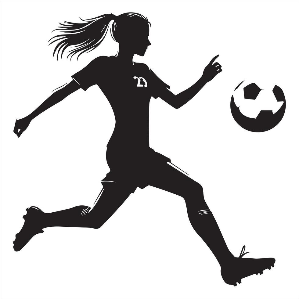 Silhouette of a girl soccer player kicking the ball vector
