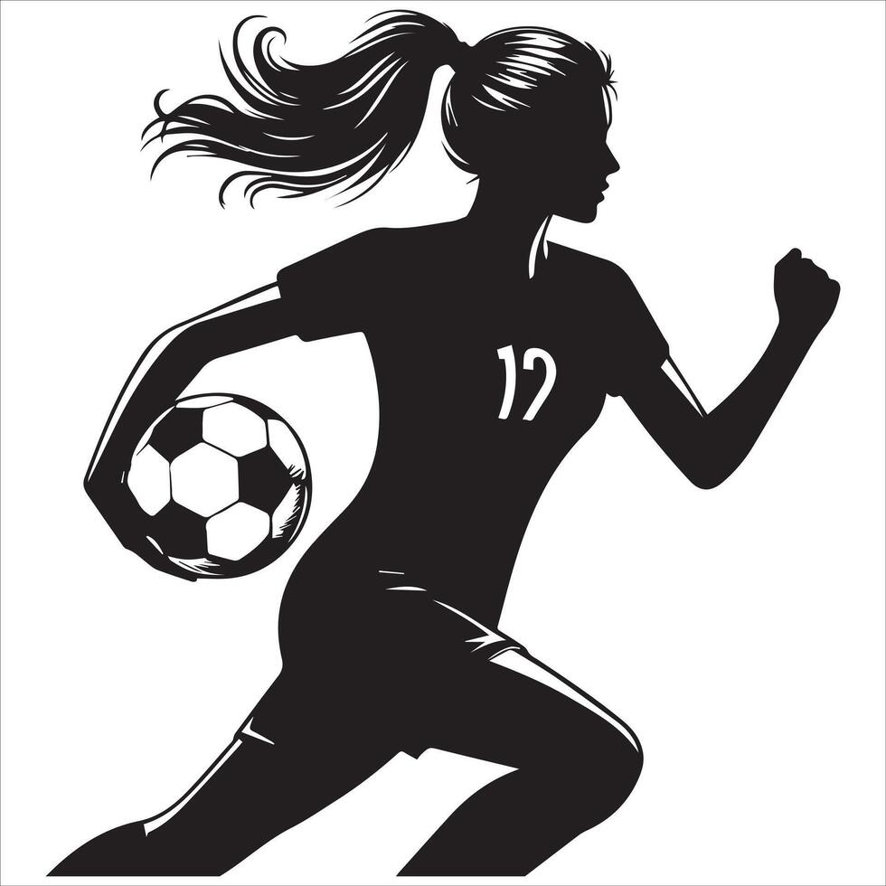 Silhouette of a female soccer player running with the ball vector