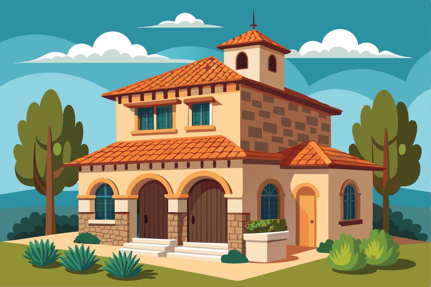 Charming Mediterranean-style home illustration in Adobe Illustrator. vector