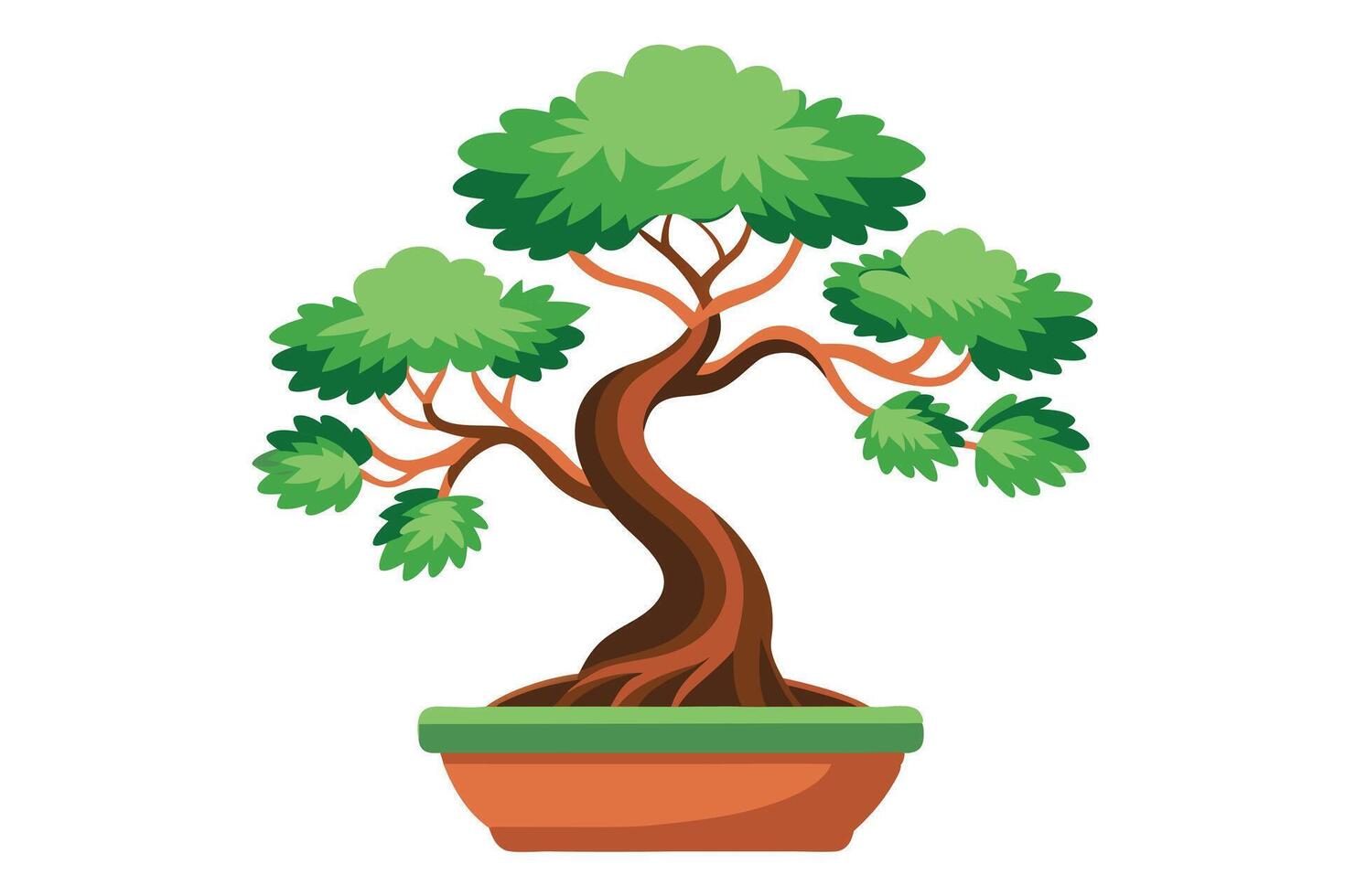 Vibrant illustration of a stylized bonsai tree in a terracotta pot. vector