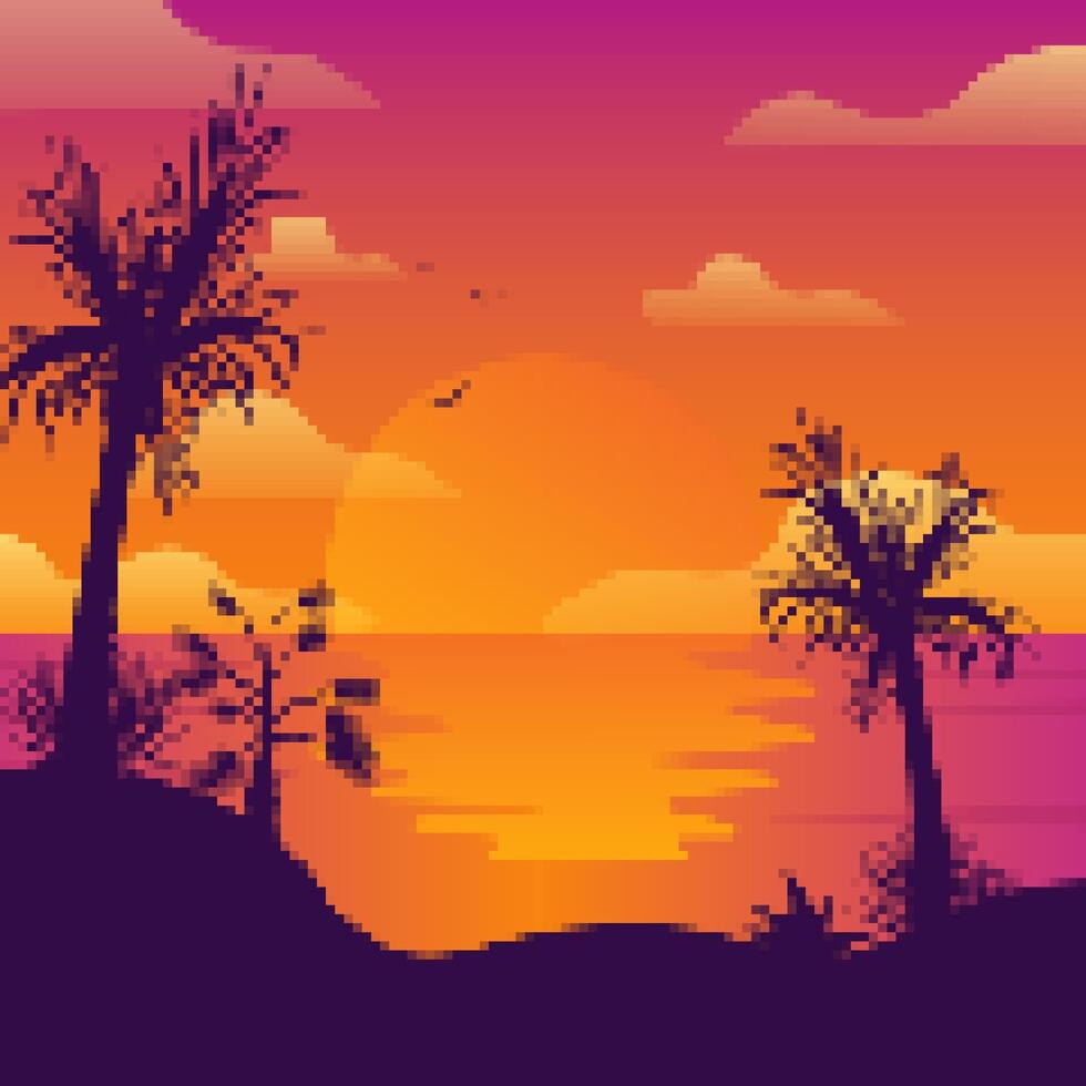 Pixel art sunset with palm trees silhouetted against a vibrant sky and sea vector