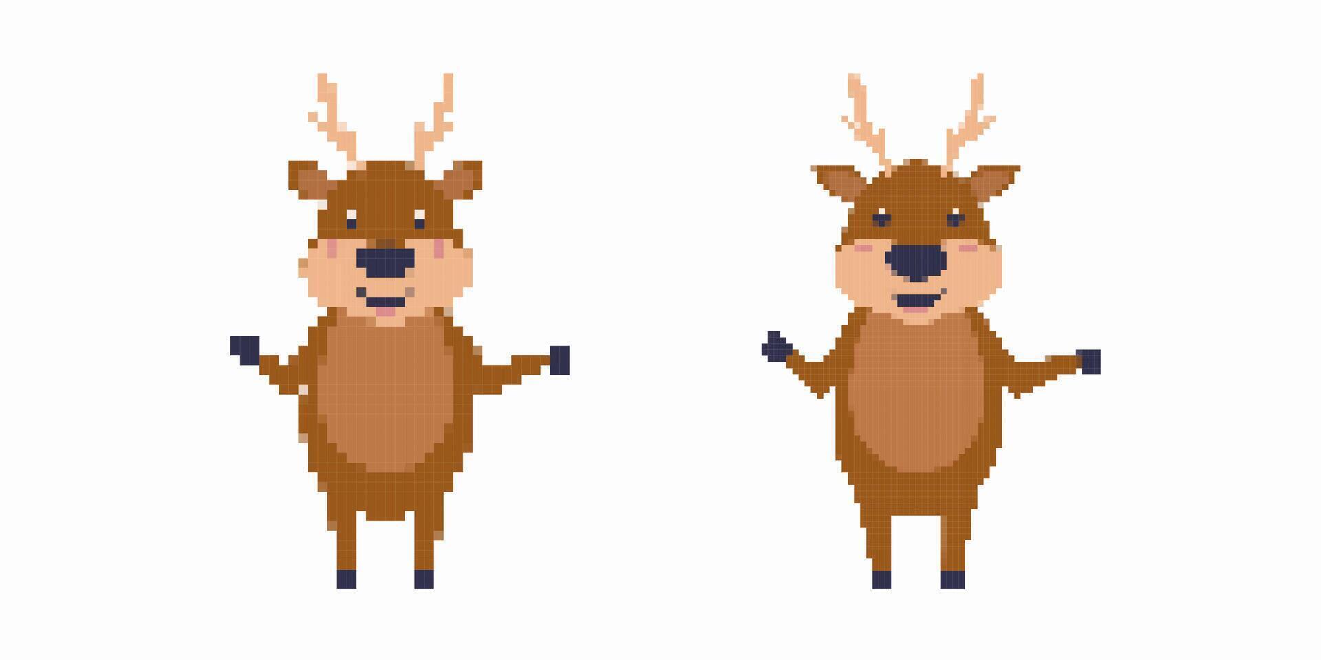 Two pixel art reindeer with antlers standing in cute animated style character display vector