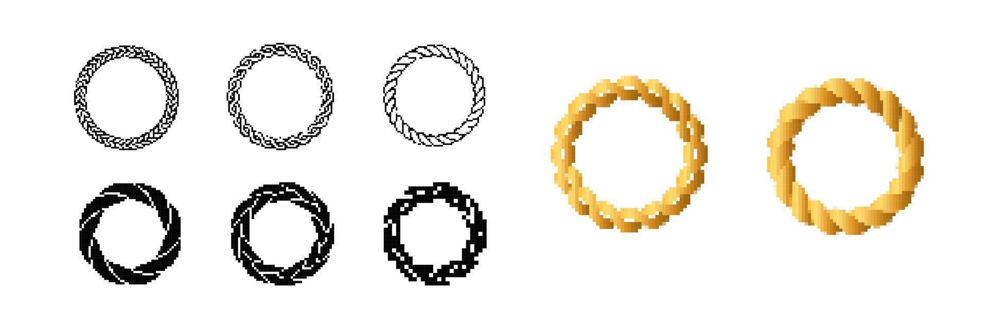 Set of round rope icons in black and gold with different patterns and textures vector