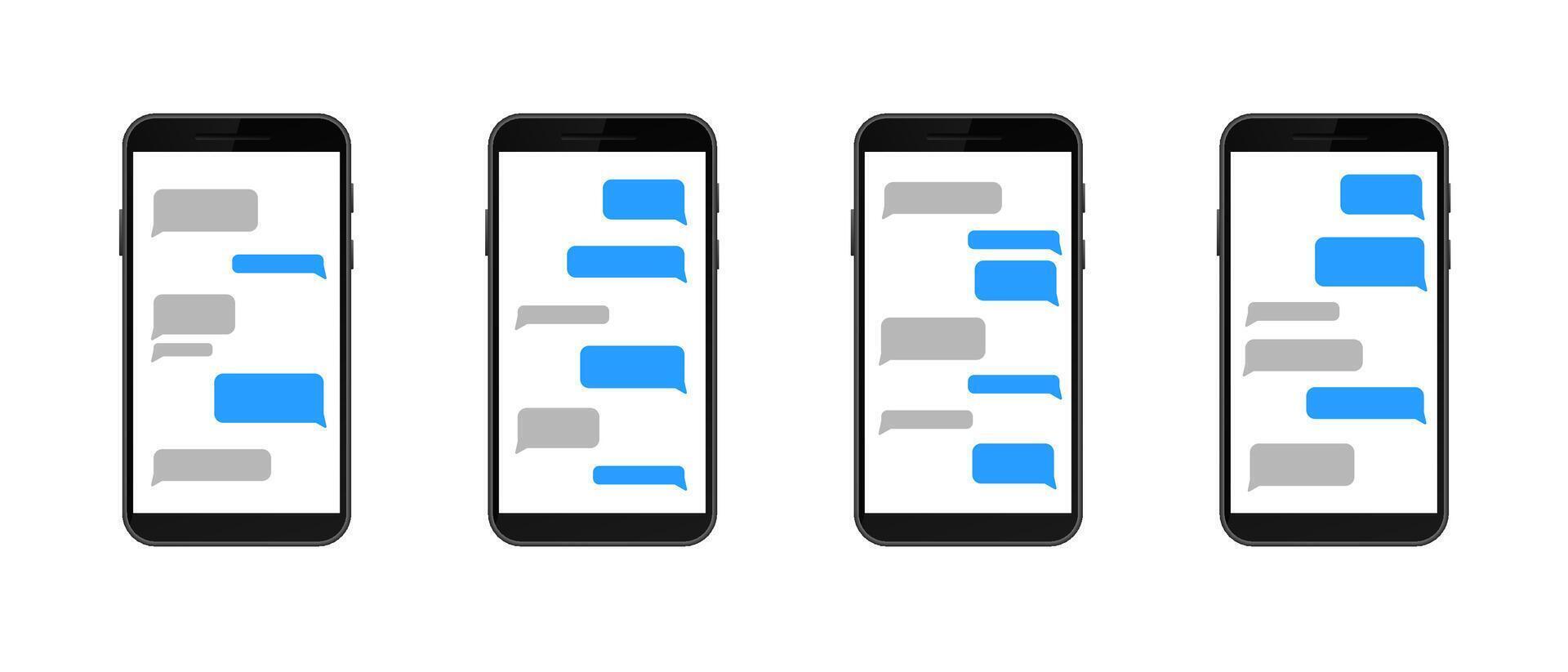 Smartphones displaying interactive text messages on different screens in a row vector