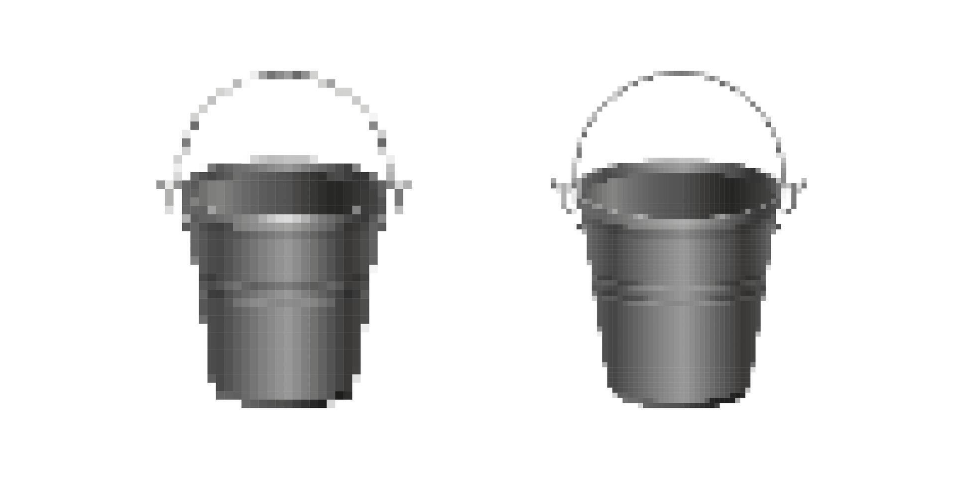 Two simple metal buckets with handles and rounded shapes in pixel art style vector