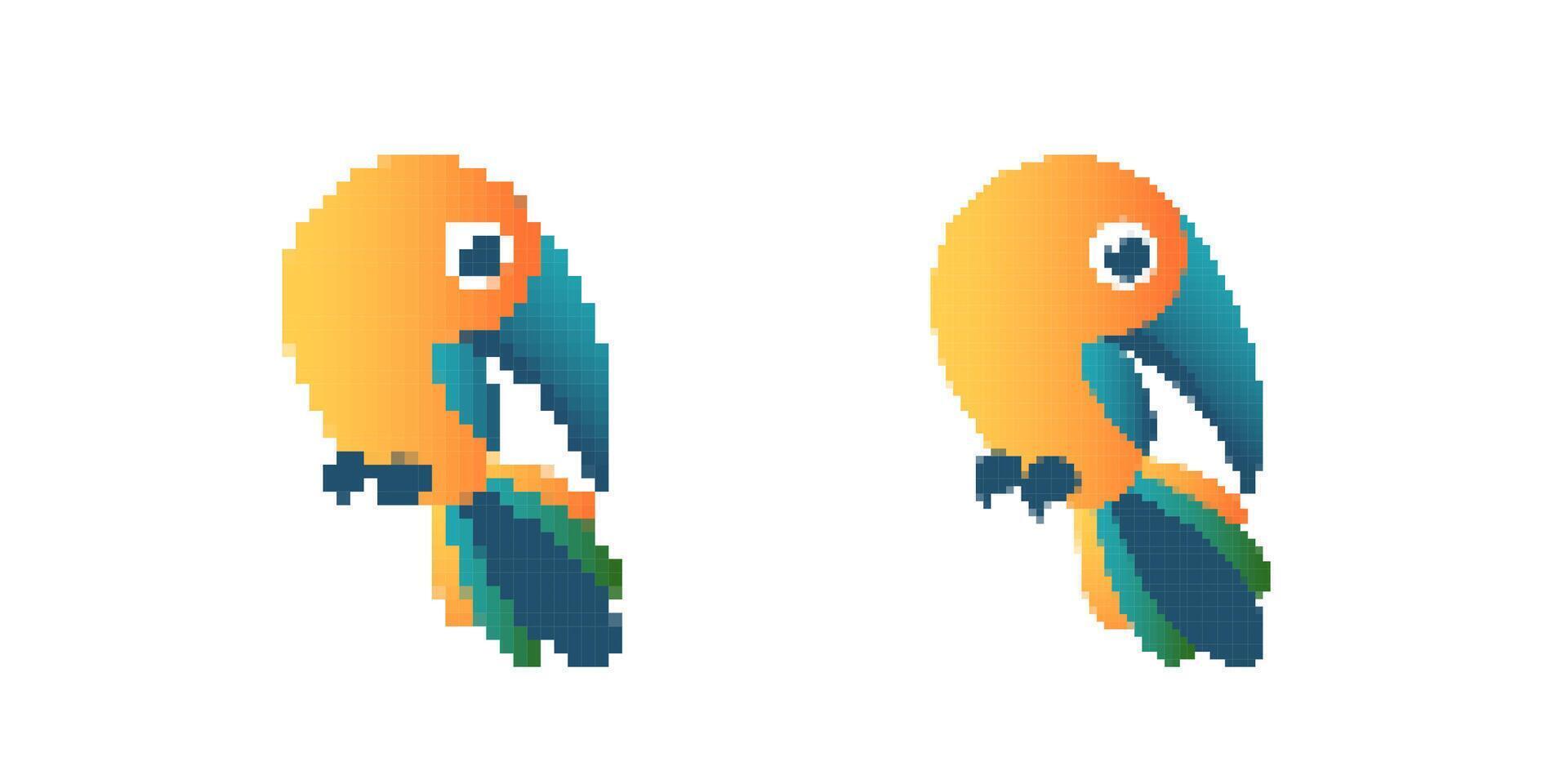 Pixel art parrot pair with bright colors and distinctive features in simple dynamic style vector