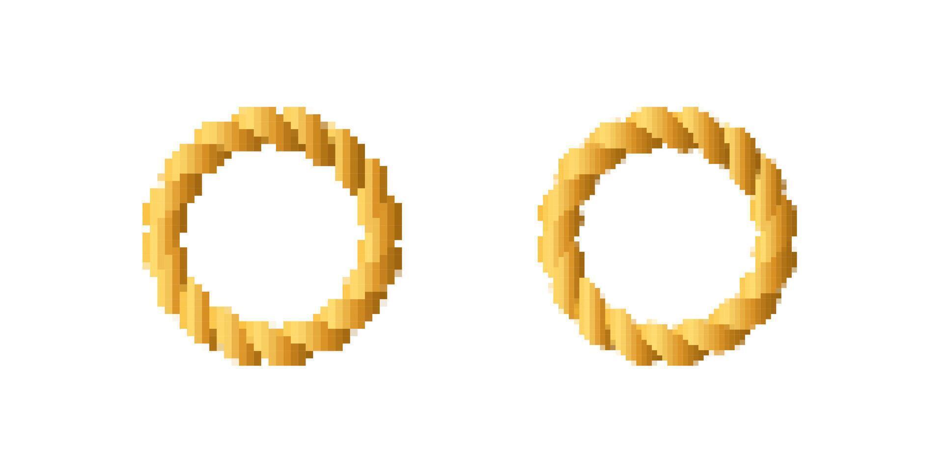Two pixelated golden rings with distinctive twisted rope design and textured appearance vector