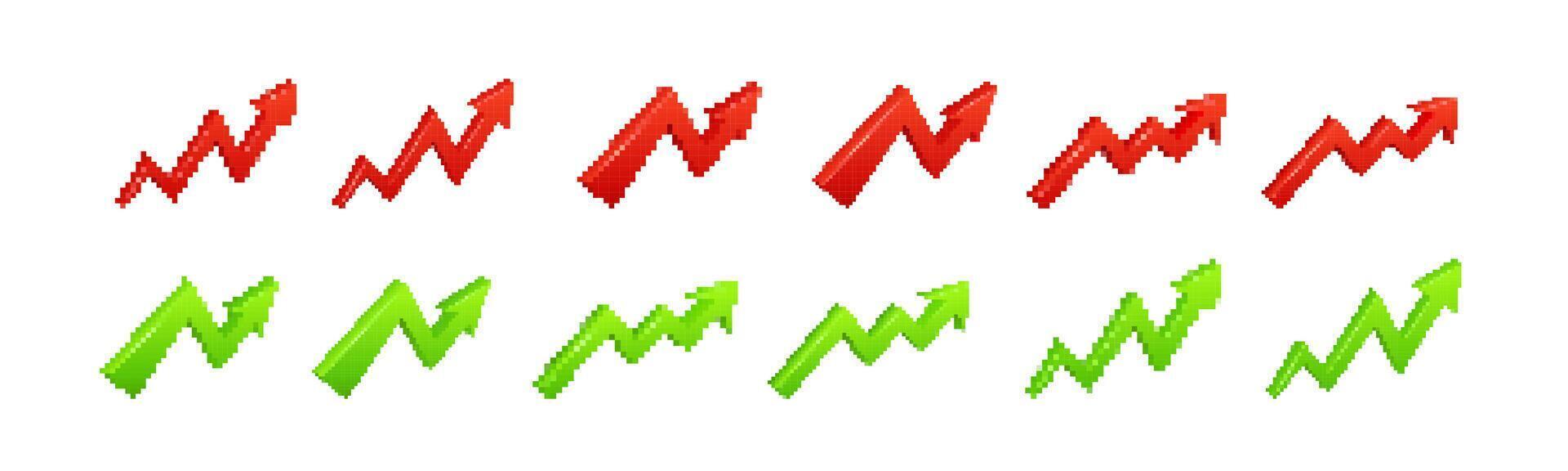 Pixel art arrows pointing upward in red and green colors indicating growth and progress vector