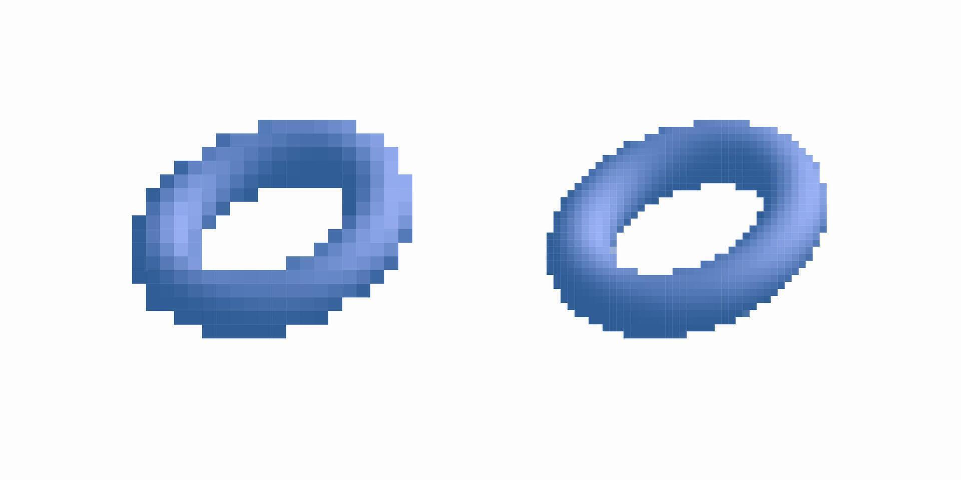 Pixelated and smooth blue torus shapes displayed in basic geometric contrast and comparison vector