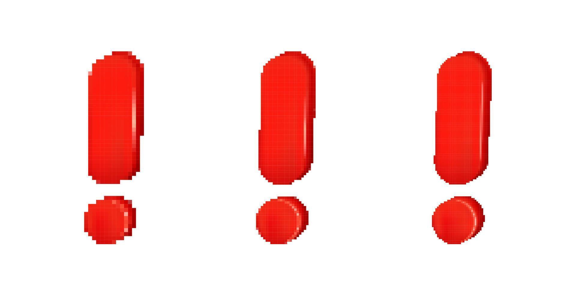 Pixelated red exclamation marks with glossy effect, bold digital punctuation vector