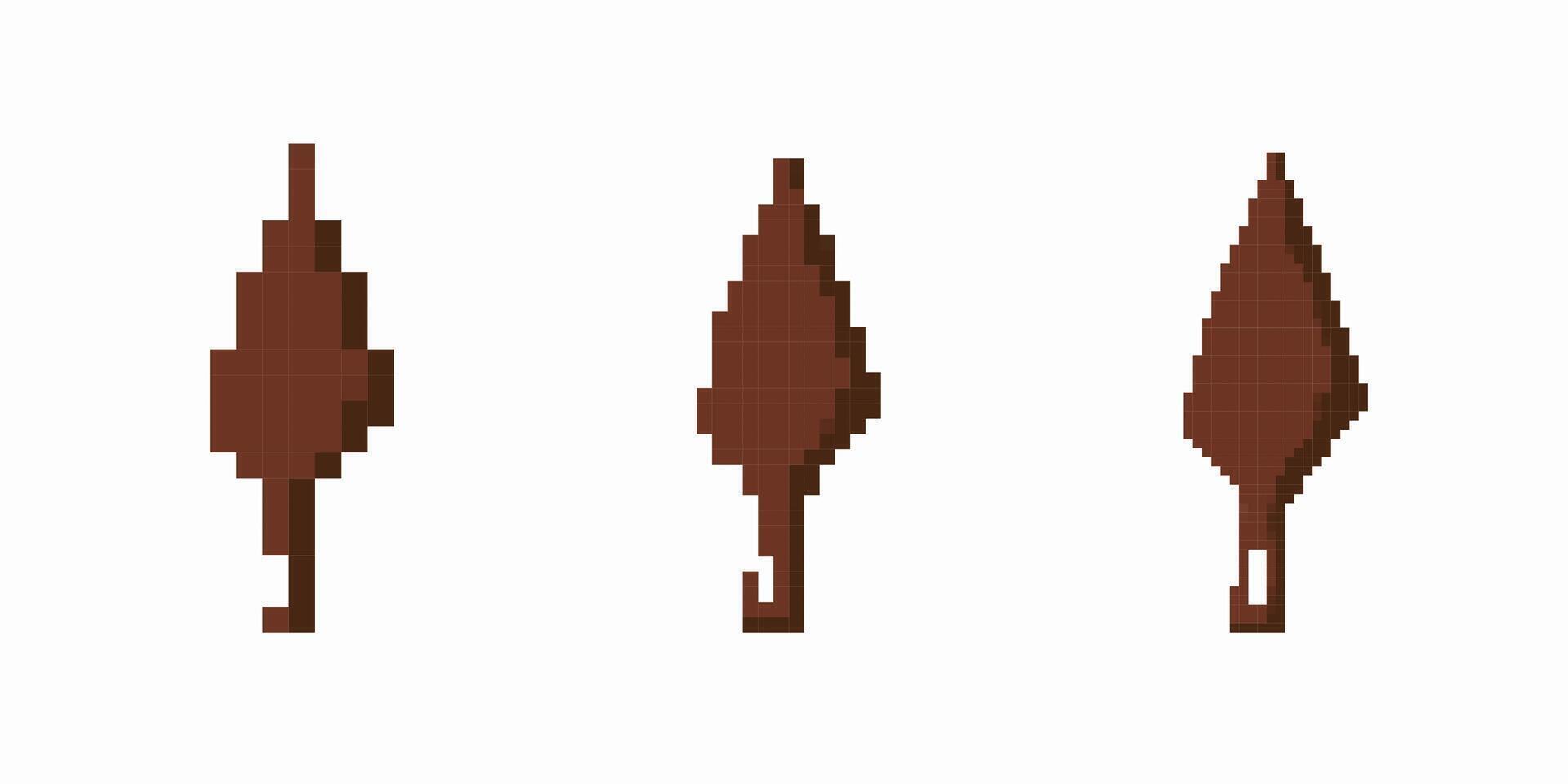 Brown pixelated leaf icon collection in three different rotational views vector