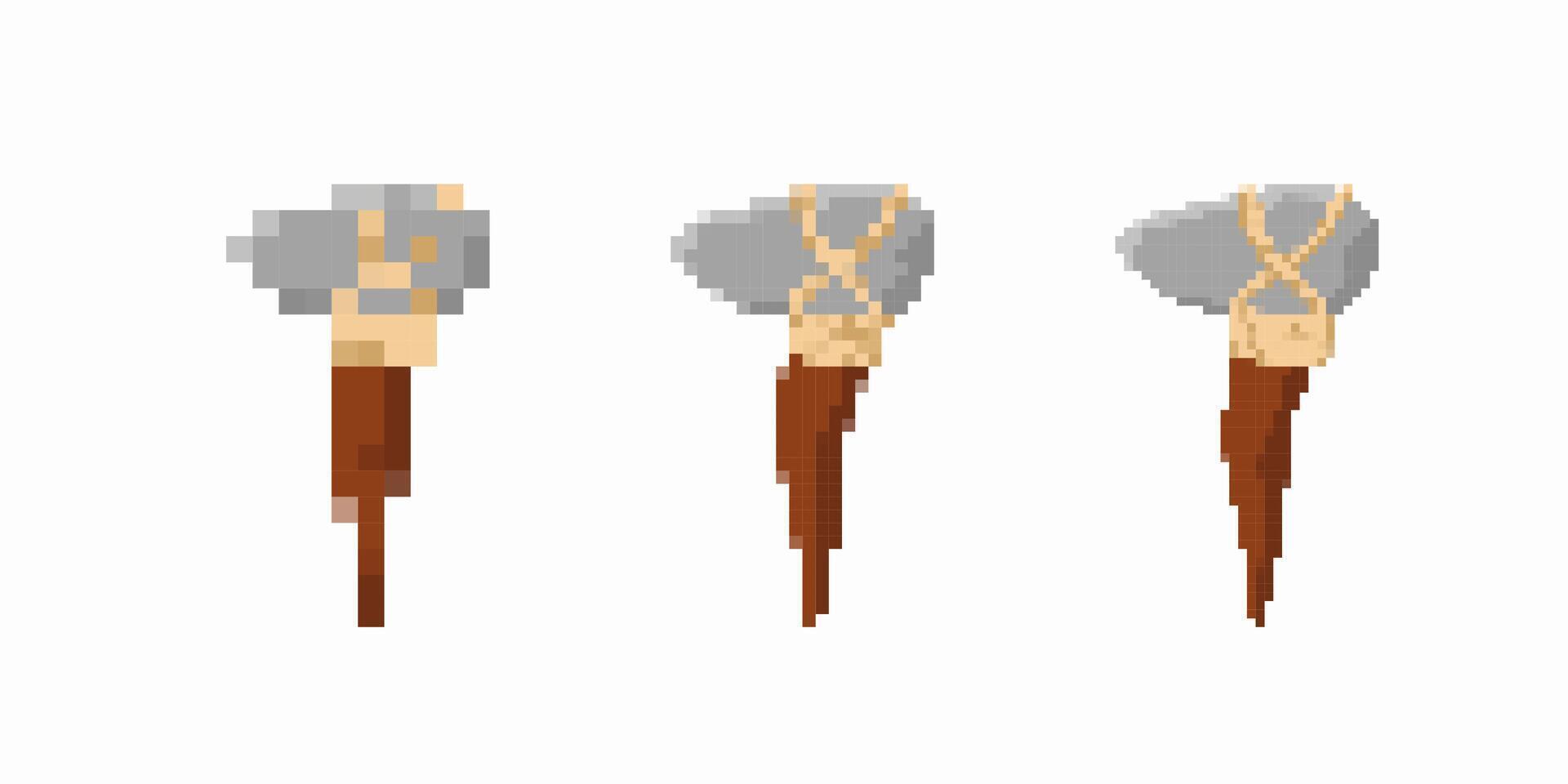 Three pixelated stone axes with wooden handles in different angles and styles vector