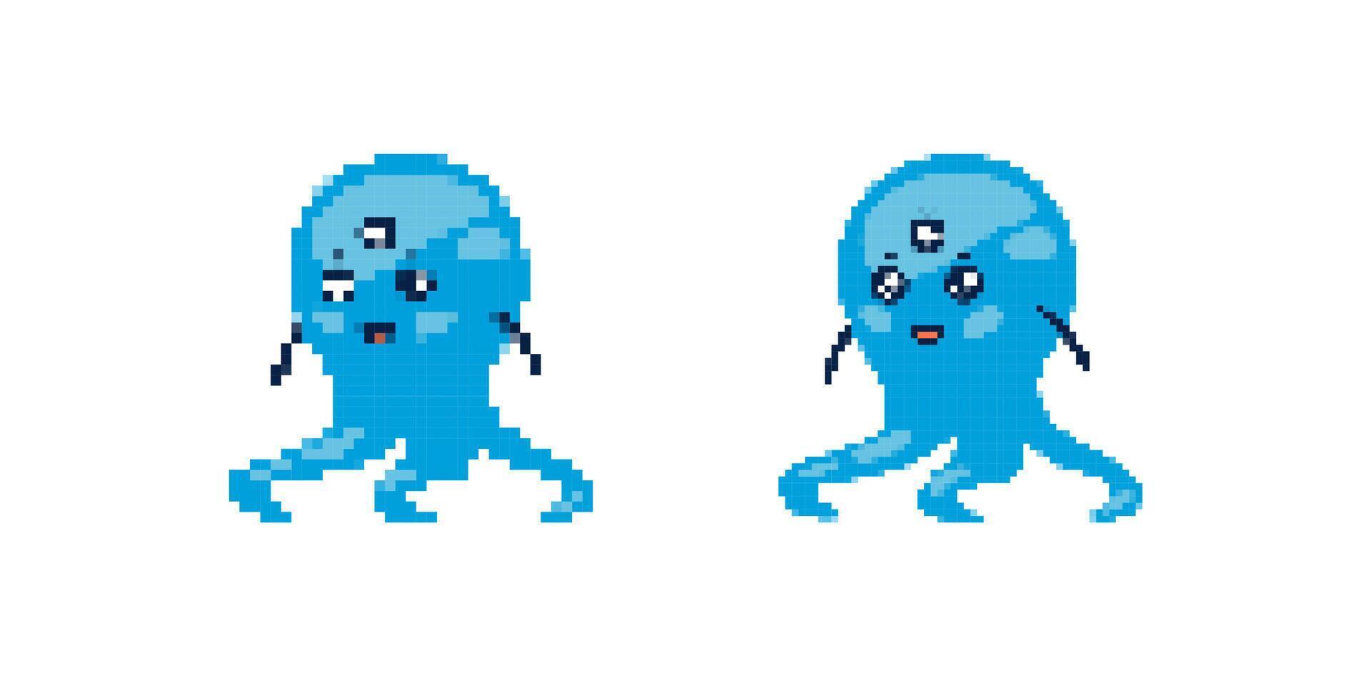 Pixel art octopus with three eyes depicted in a fun playful cartoon style vector