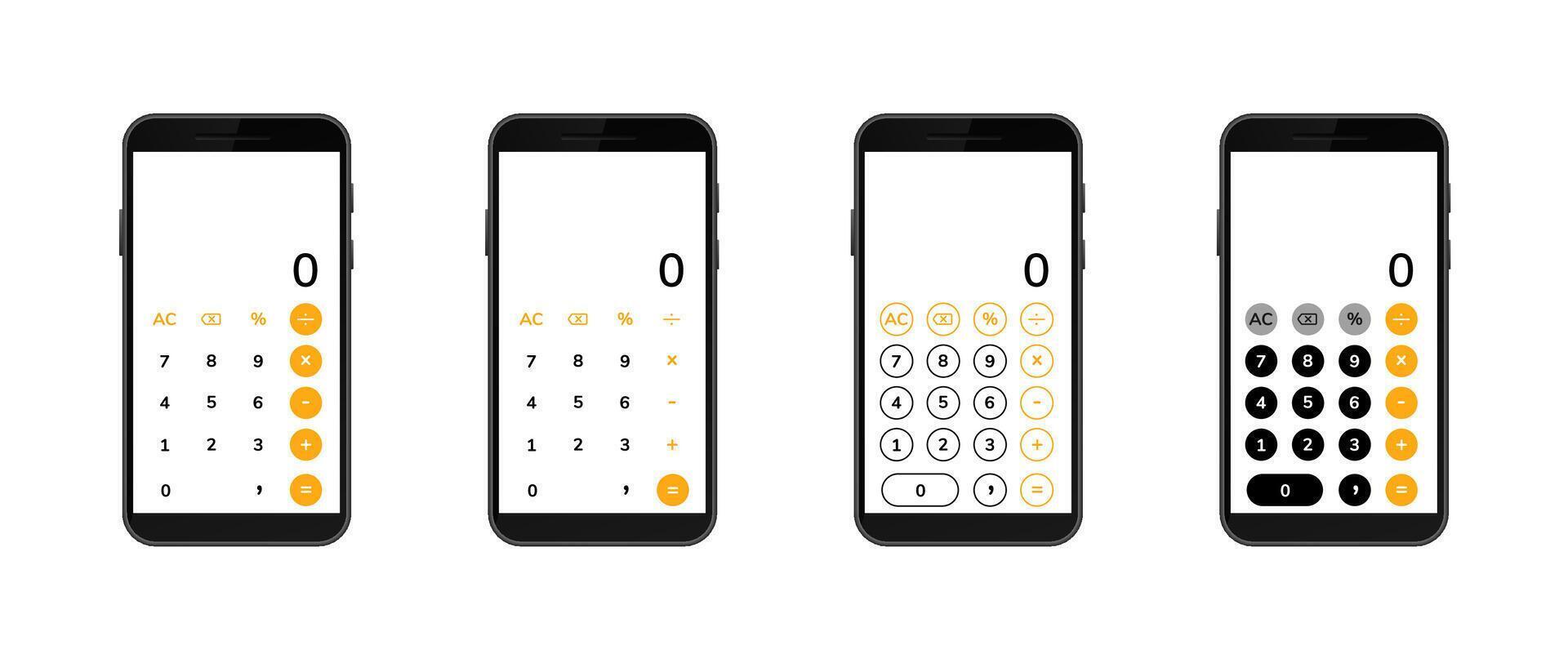 Four smartphone calculator apps displayed with different button designs and layouts vector