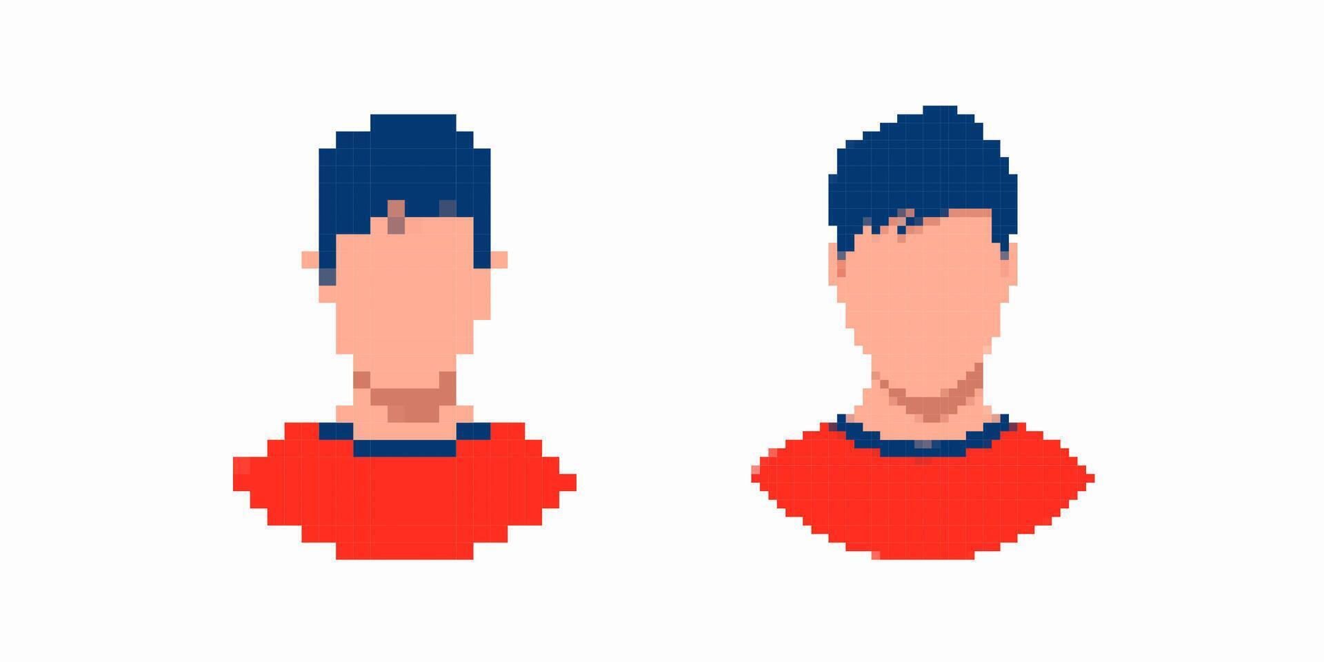 Pixel art of a person with dark hair and red shirt in two minimalist styles vector