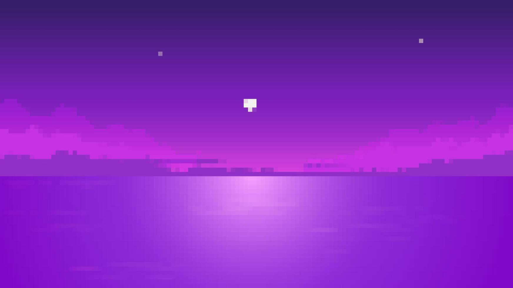 Scenic pixel art of lush purple night sky with bright stars over calm ocean waters vector