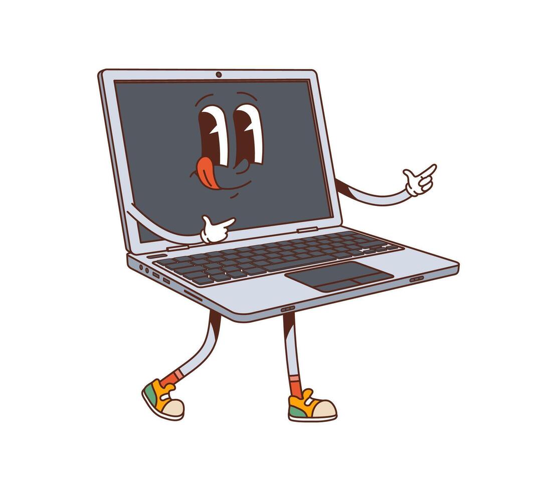 Cartoon groovy laptop computer retro character vector