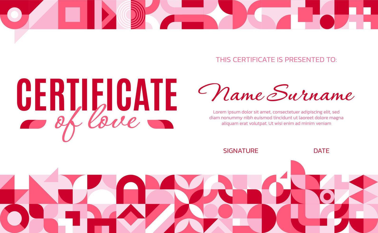 Valentines day certificate with abstract pattern vector
