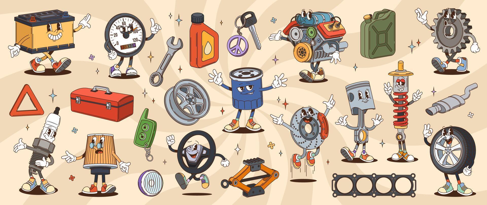 Groovy car spare part and repair tool characters vector
