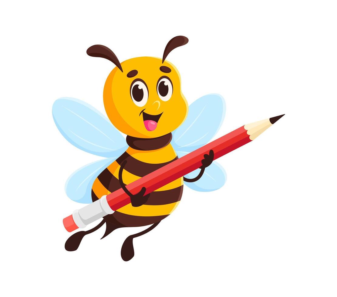 Cartoon honey bee character, honeybee with pencil vector
