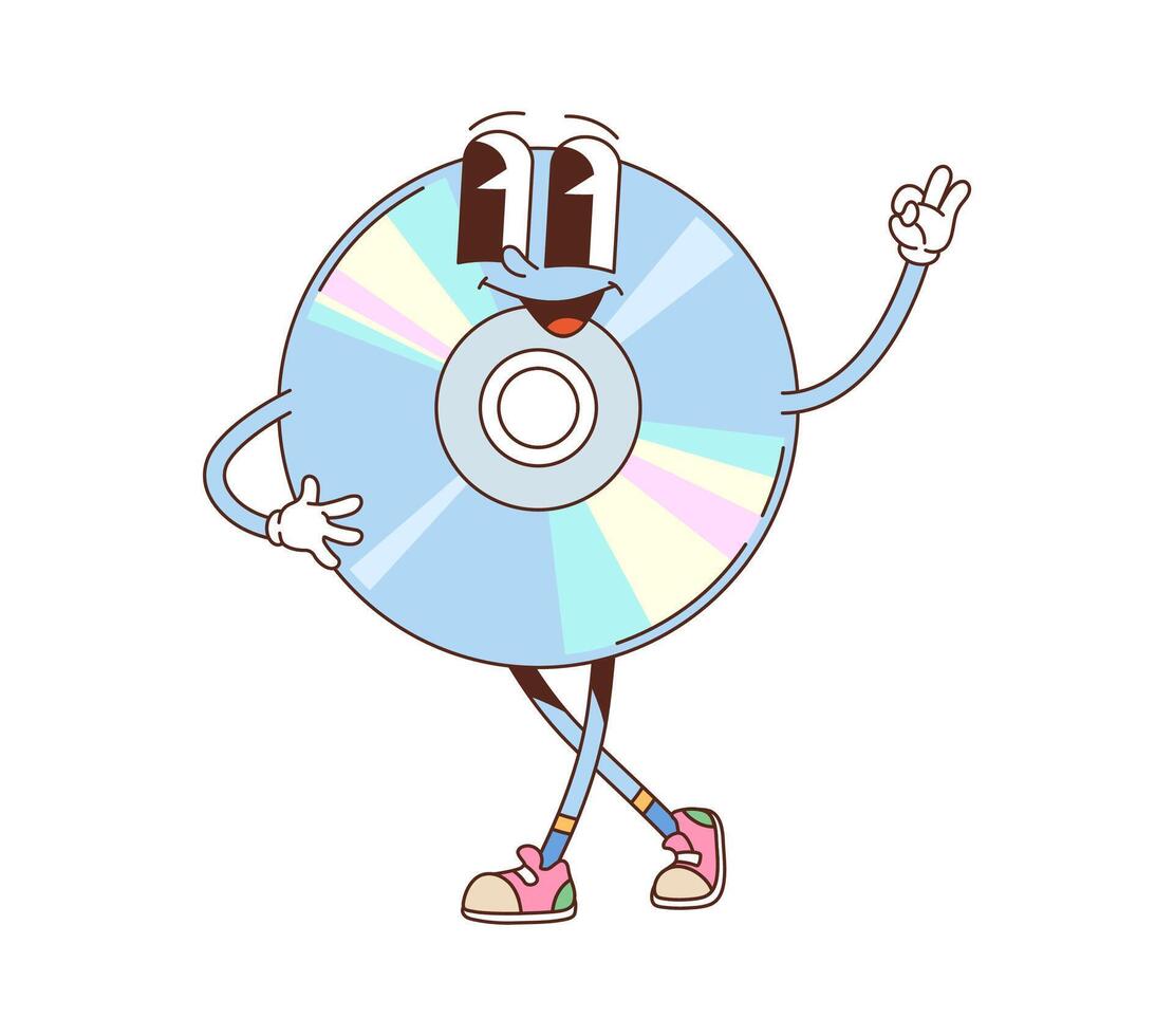 Cartoon groovy CD compact disk funny character vector