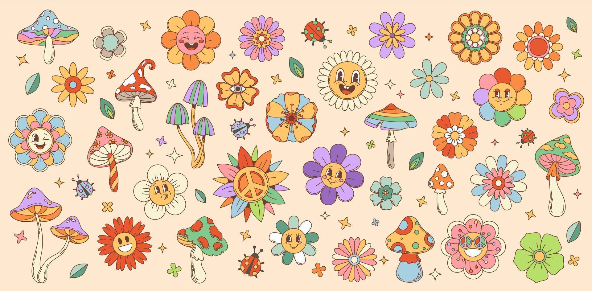 Retro cartoon groovy daisy flowers and mushrooms vector