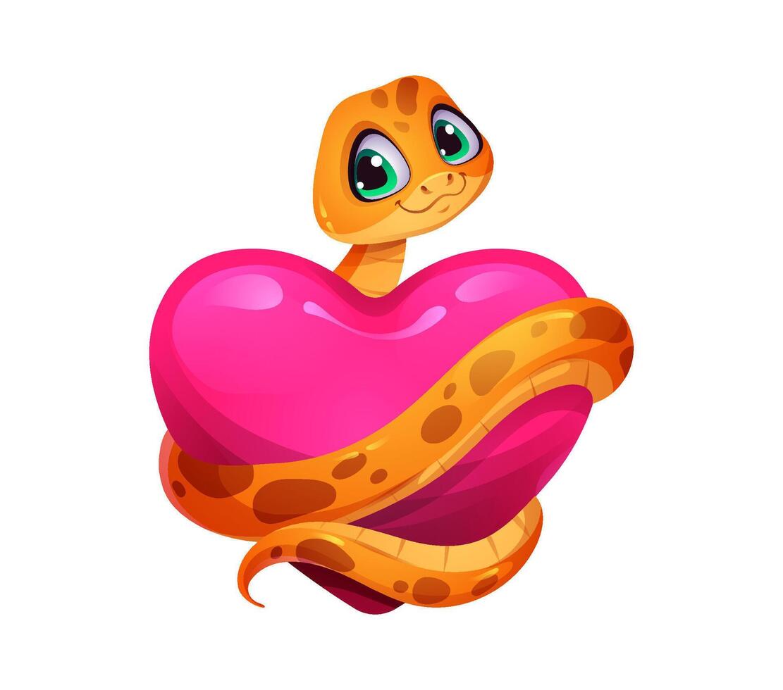 Funny cute snake with love heart, cartoon reptile vector