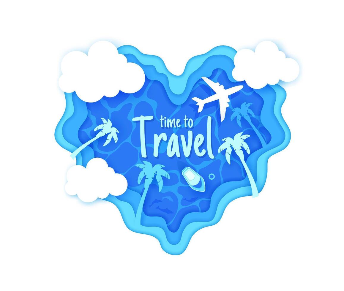 Paper cut travel banner with heart, beach palms vector