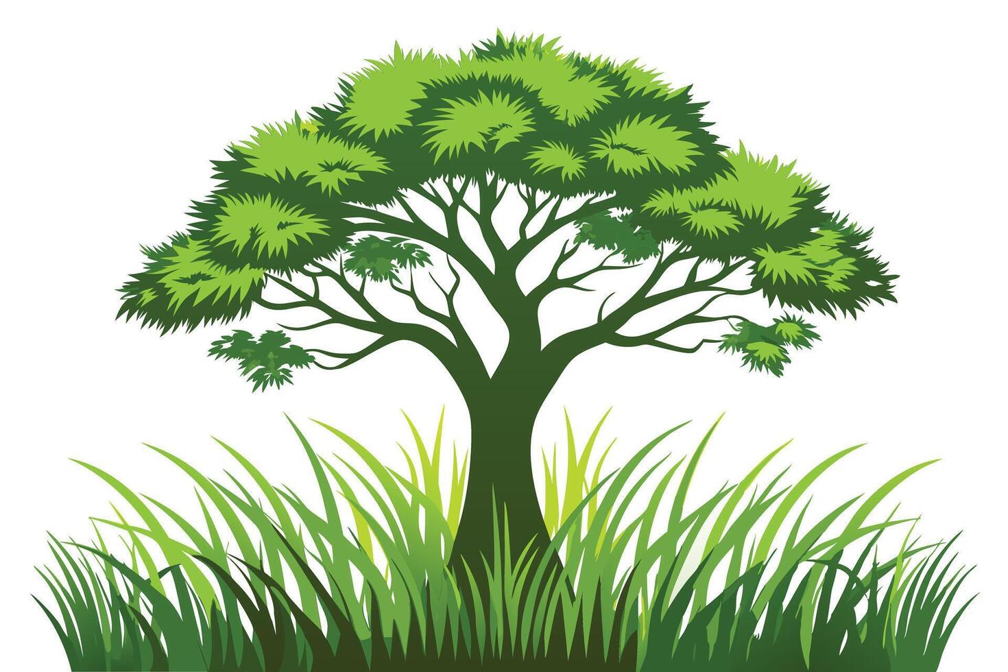 A Vibrant cartoon tree illustration on a grassy knoll. vector