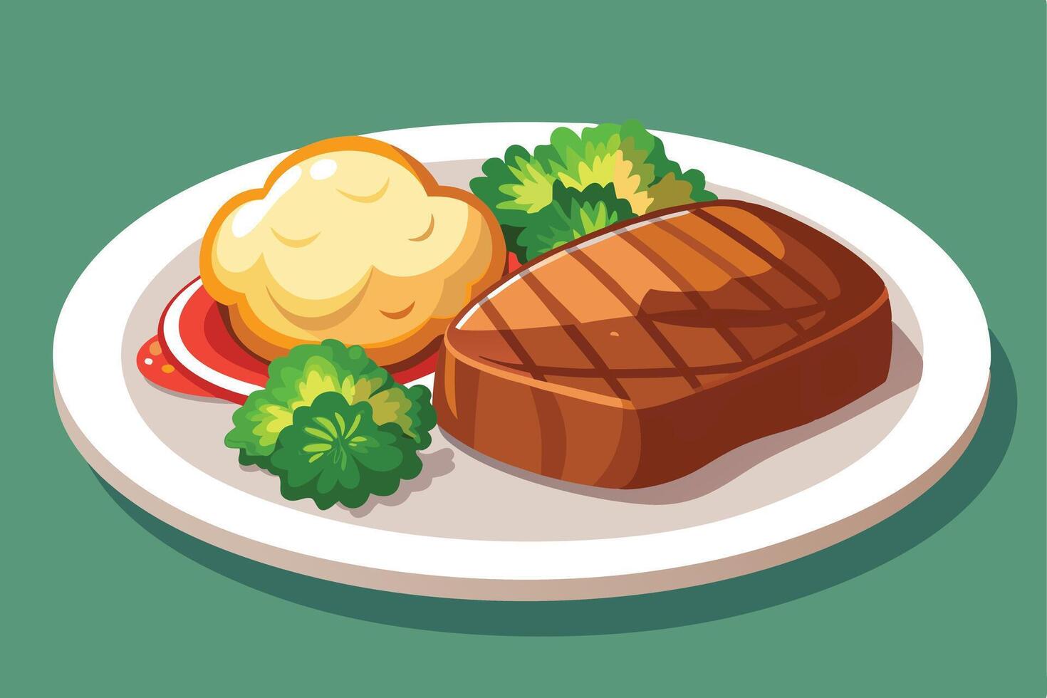 Delicious Grilled Steak Dinner with Mashed Potatoes and Greens vector