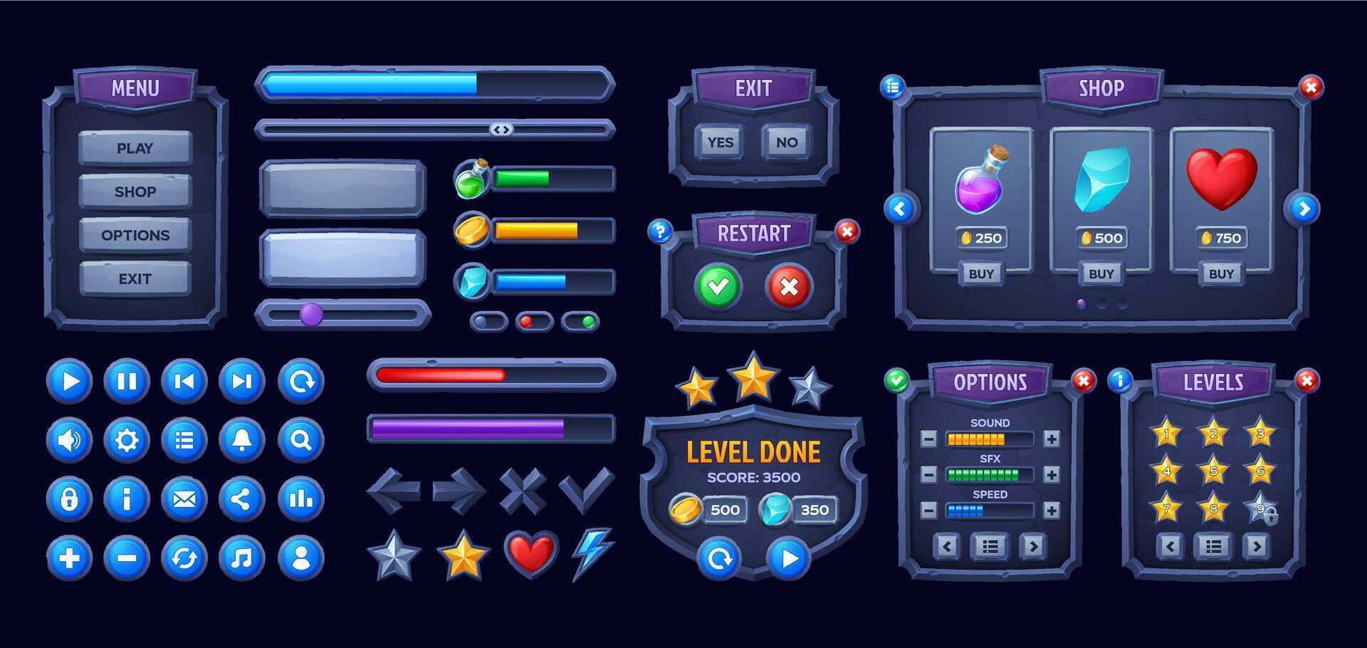 Stone game interface, Medieval UI game buttons vector