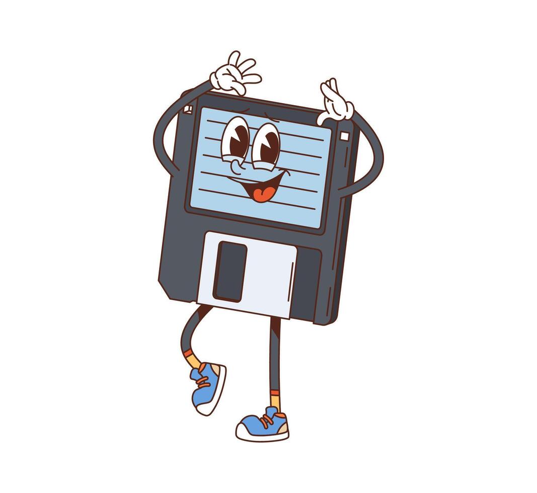 Cartoon groovy computer diskette retro character vector