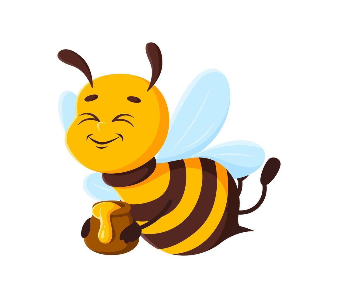 Cartoon honey bee character or honeybee with honey vector
