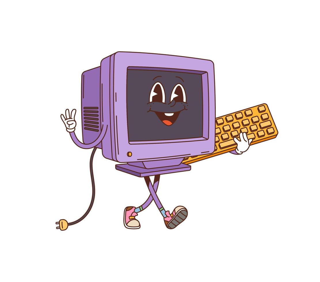 Cartoon retro groovy computer monitor character vector